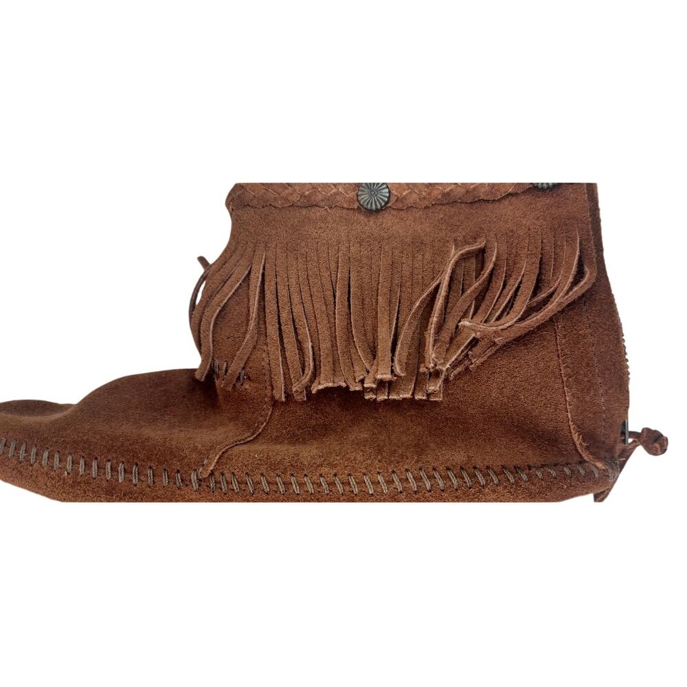 Womens Minnetonka 8.5 Hi Top Back Zip Moccasin Boot Brown Suede Fringe Style 292 - Picture 9 of 13